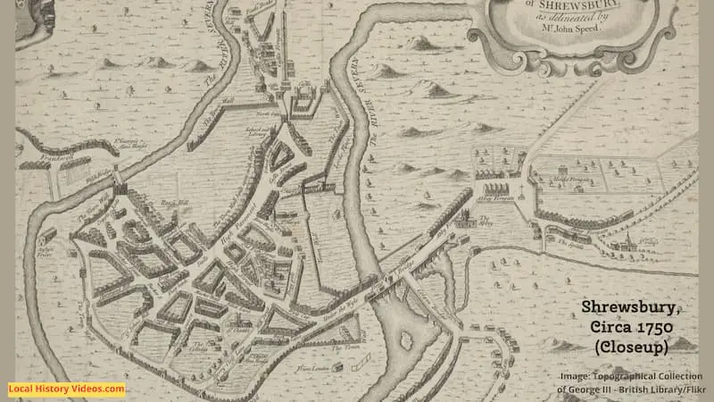 Closeup of old plan of Shrewsbury England circa 1750s