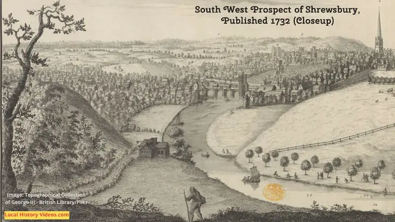 Closeup of the South West Prospect of Shrewsbury, published 1732. Image: Topographical Collection of George III - British Library/ Flikr