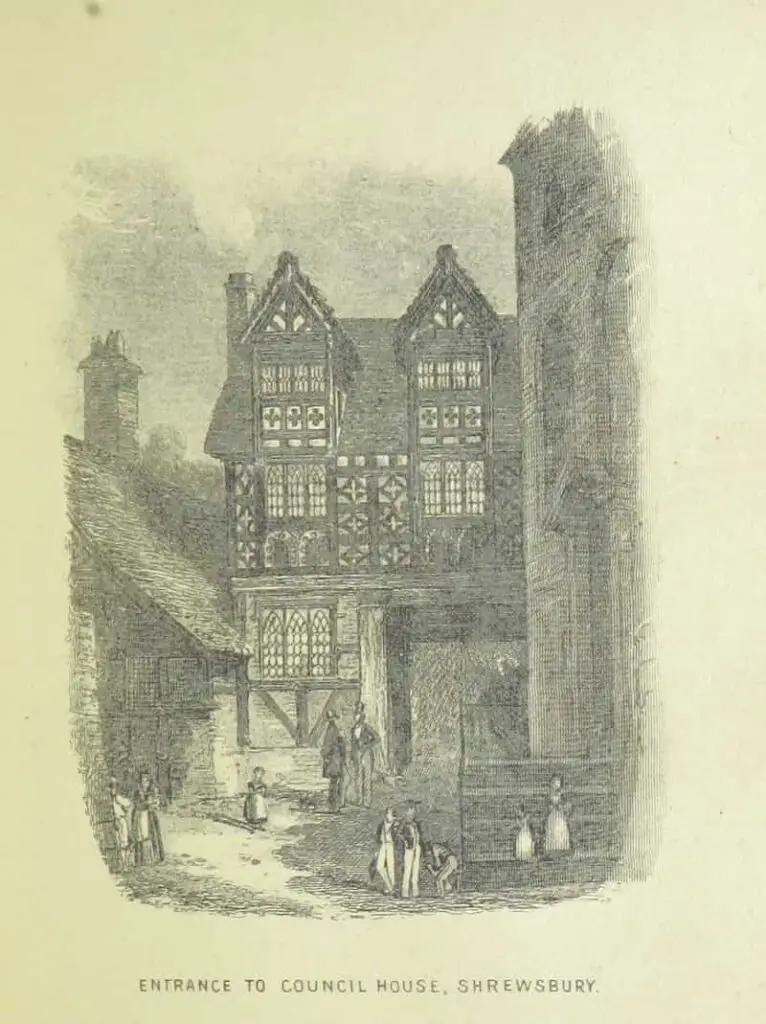 Entrance to the Council House at Shrewsbury. Image from "Historical and descriptive Guide through Shrewsbury. New ... edition" by Williams, S. F., published 1881 - British Library/Flikr