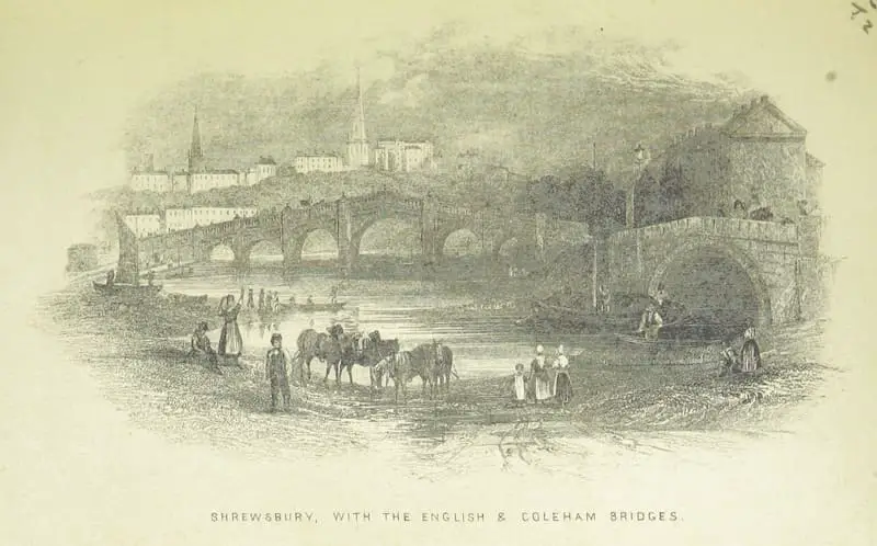 Old picture of Shrewsbury, with the English and Coleham bridges. Image credit: "Historical and descriptive Guide through Shrewsbury. New ... edition" by Williams, S. F., published 1881, British Library/Flikr