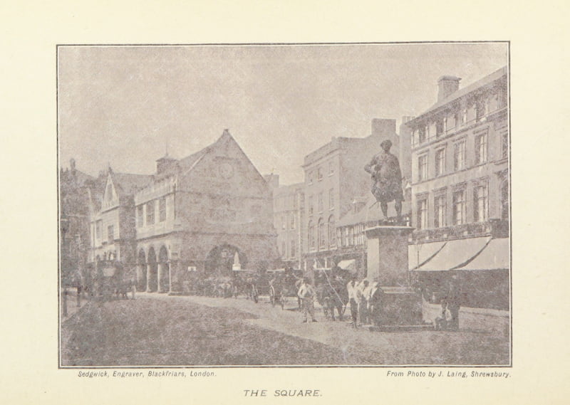 Old photo of the Market Square at Shrewsbury. Image credit: "A New Guide to Shrewsbury ... Illustrations and map" by Bradley, Reuben, published 1893, British Library/Flikr