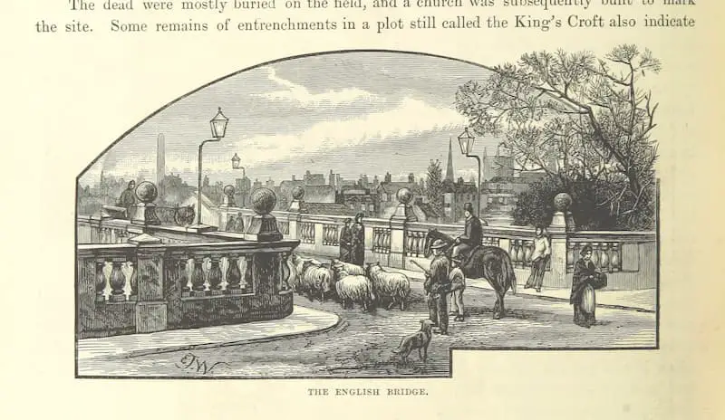 Old book illustration of the English Bridge in Shrewsbury. Image from "Our own country. Descriptive, historical, pictorial", published 1885, British Library/Flikr