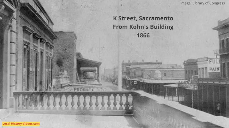Old photo of K Street, Sacramento, from Kohn's Building, published 1866