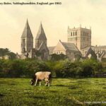 Old photo of Southwell Cathedral and Abbey Ruins, Nottinghamshire, England, pre 1905