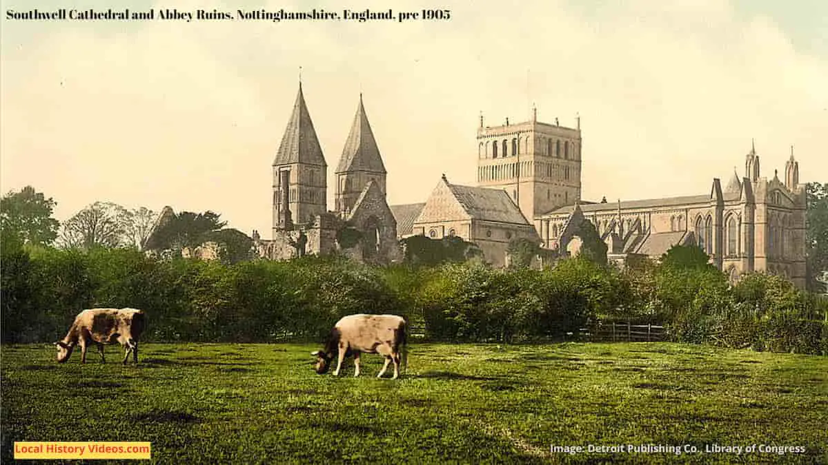 Old photo of Southwell Cathedral and Abbey Ruins, Nottinghamshire, England, pre 1905
