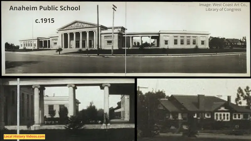 Old photo of the Anaheim public school building circa 1915