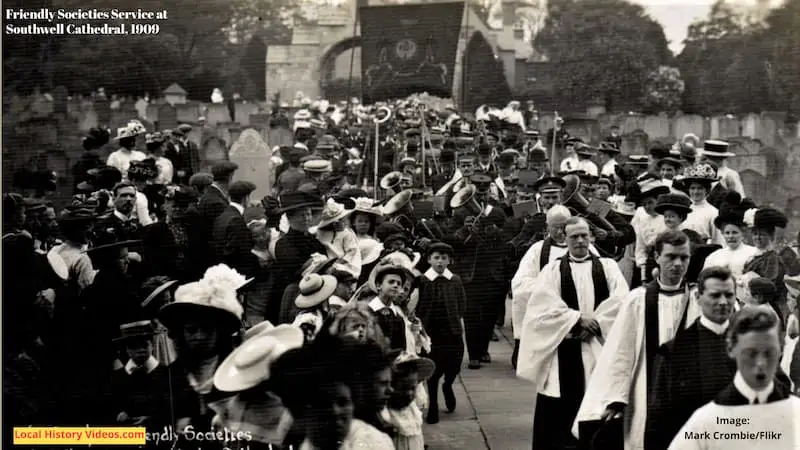 Old photo of the Friendly Societies Service at Southwell Cathedral Nottinghamshire in 1909