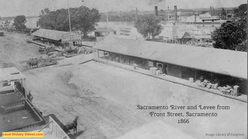 Old photo of the Sacramento River and Levee from Front Street, Sacramento City 1866