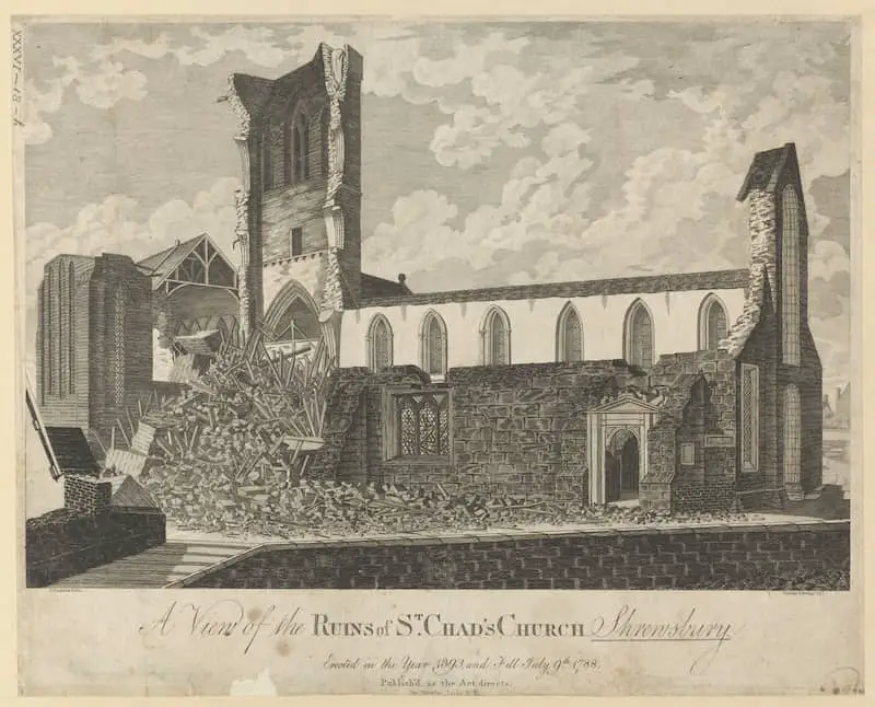 Old picture of the ruins of St Chad’s Church, Shrewsbury, published 1788. Image: Topographical Collection of George III - British Library/Flikr