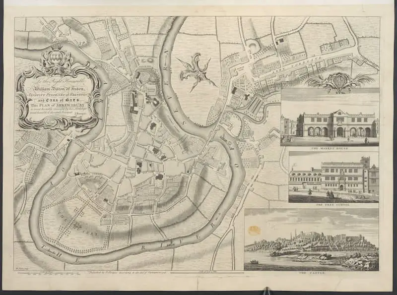 Old plan of Shrewsbury published in 1746. Image Credit: Topographical Collection of George III - British Library/Flikr
