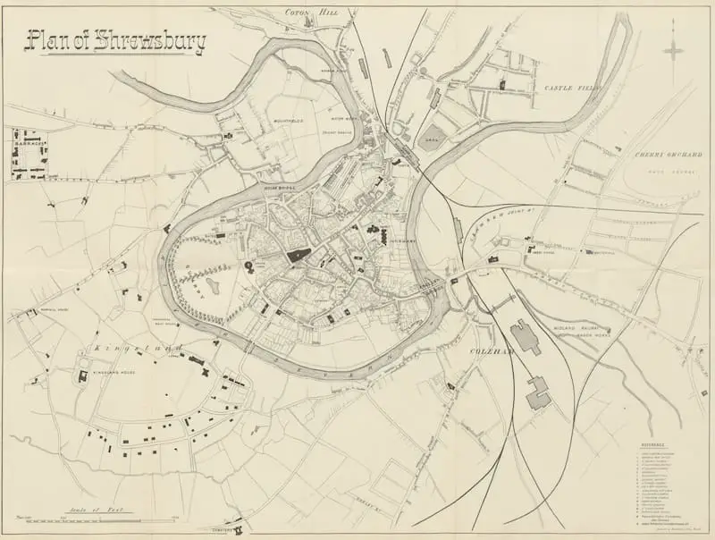 Plan of Shrewsbury, 1897, published in “Guide to Shrewsbury and the neighbourhood ... With maps and illustrations" by Auden, Thomas. Image: British Library/Flikr