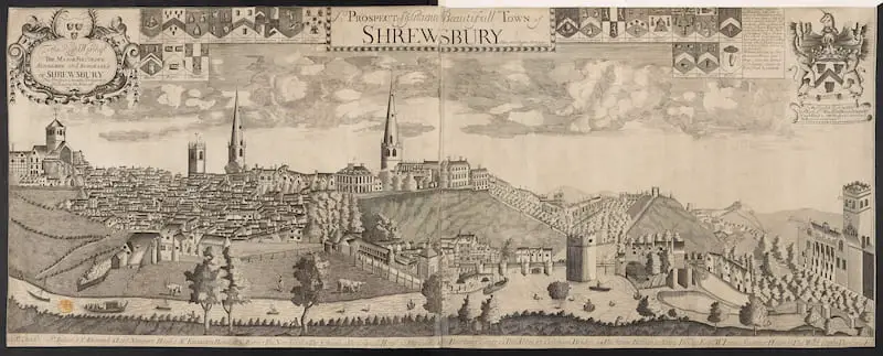 Prospect of Shrewsbury, published between 1730 and 1750. Image: Topographical Collection of George III - British Library/ Flikr