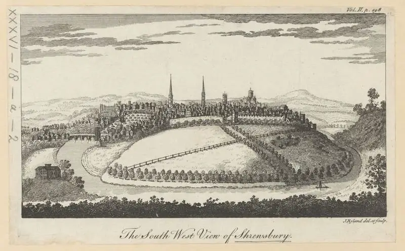 South West Prospect of Shrewsbury, published 1764. Image: Topographical Collection of George III - British Library/ Flikr