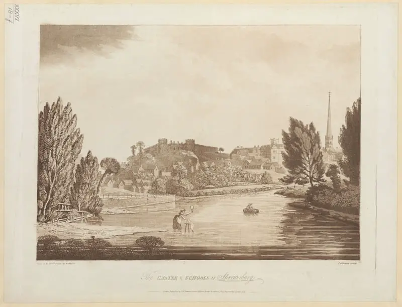 The Castle and Schools at Shrewsbury, published 1789. Image credit: Topographical Collection of George III - British Library/Flikr