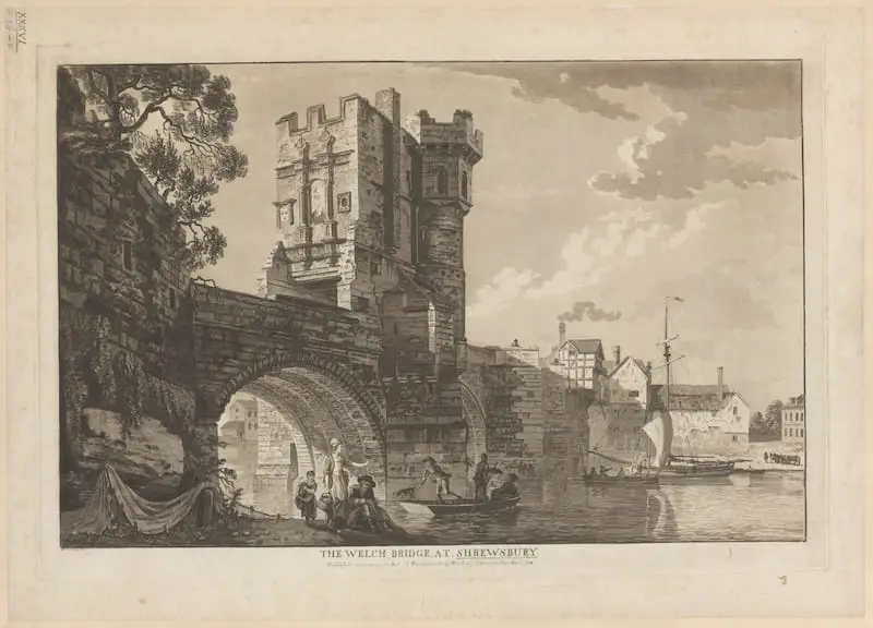 The Welch Bridge at Shrewsbury by Paul Sandy, published 1778. Image credit: Topographical Collection of George III - British Library/Flikr
