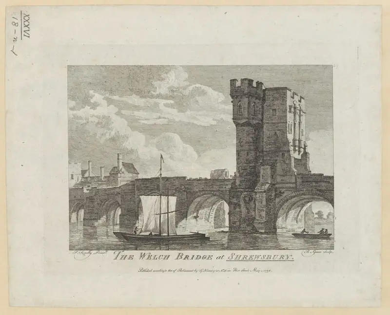 The Welch Bridge at Shrewsbury, published 1776. Image: Topographical Collection of George III - British Library/Flikr