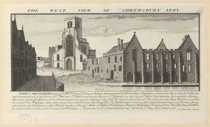West View of Shrewsbury Abbey, published 1731 Topographical Collection of George III British Library Flikr