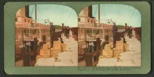 Old stereograph of a Government relief boat at Oakland loading supplies for the stricken city of San Francisco, following the earthquake of 1906