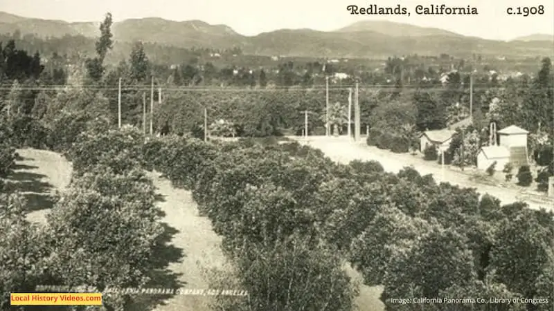 Closeup 1 of old Panorama of Redlands California c1908