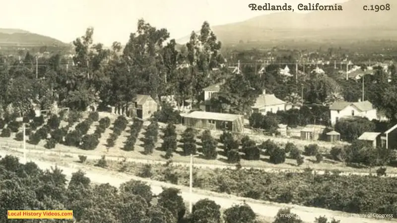 Closeup of an old panorama photo of Redlands California circa 1908