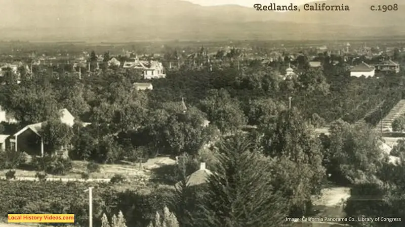 Closeup of an old panorama photo of Redlands California circa 1908