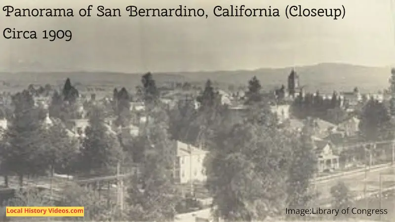 Closeup of old photo panorama of San Bernardino, California c1909