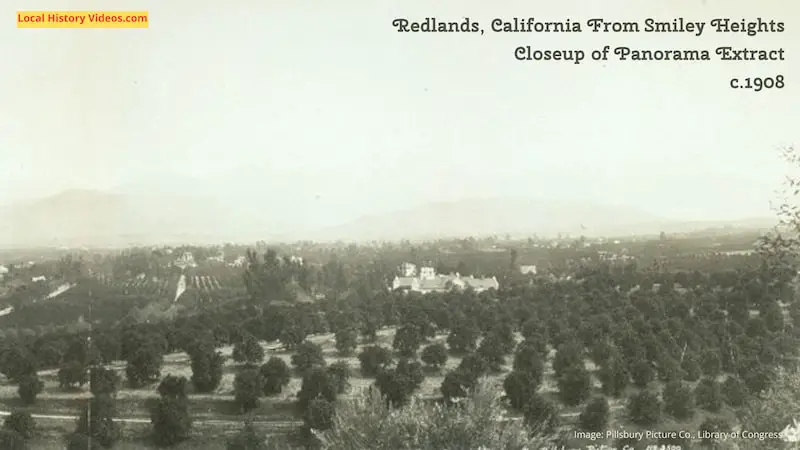 Closeup of an old panorama photo of Redlands CA from Smiley Heights circa 1908