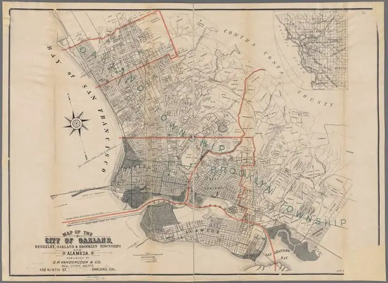 Old map of the city of Oakland, Berkeley, Oakland & Brooklyn townships and Alameda, published in the early 1890s