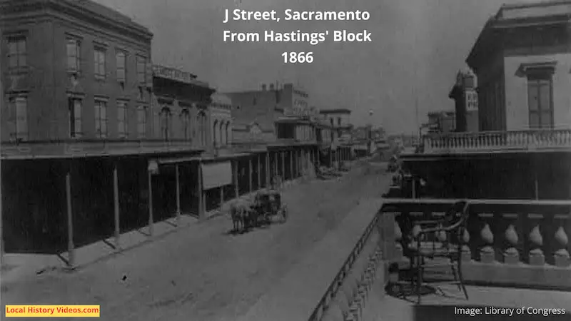 Old photo of J Street Sacramento CA from Hastings Block, published 1866