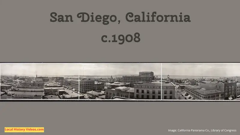 Old photo panorama of San Diego, California, taken around 1908. Original Image credit: California Panorama Co., Library of Congress.