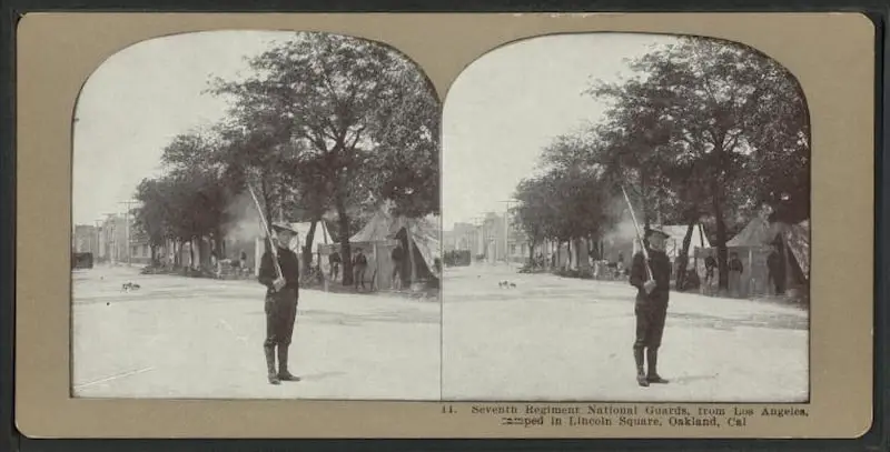 Old stereograph of the Seventh Regiment National Guards, from Los Angeles, camped in Lincoln Square, Oakland, in 1906