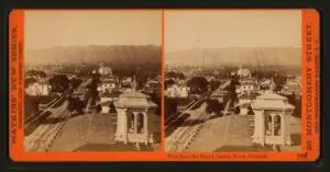 Old stereograph of the View from the Grand Central Hotel, Oakland, in 1880