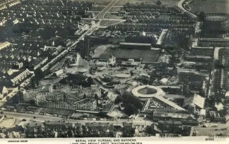 1920s aerial postcard of Kursaal park and gardens, including the roller coaster, Southend-on-Sea, Essex, England