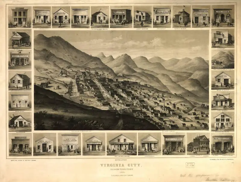 Old birds eye view picture of Virginia City, Nevada Territory, 1861