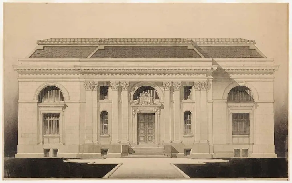 Old elevation print of the Carnegie library in Taunton Massachusetts, built in 1903