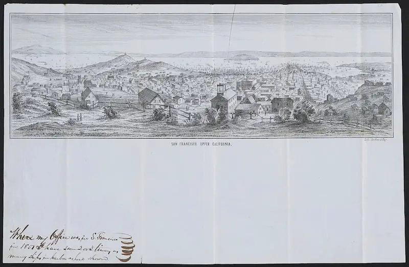 Old lithograph of San Francisco, California, circa 1851