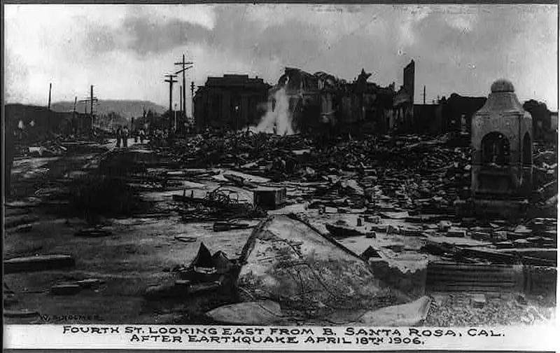 Old photo of Fourth St looking East from B, Santa Rosa, California after earthquake, April 18th 1906