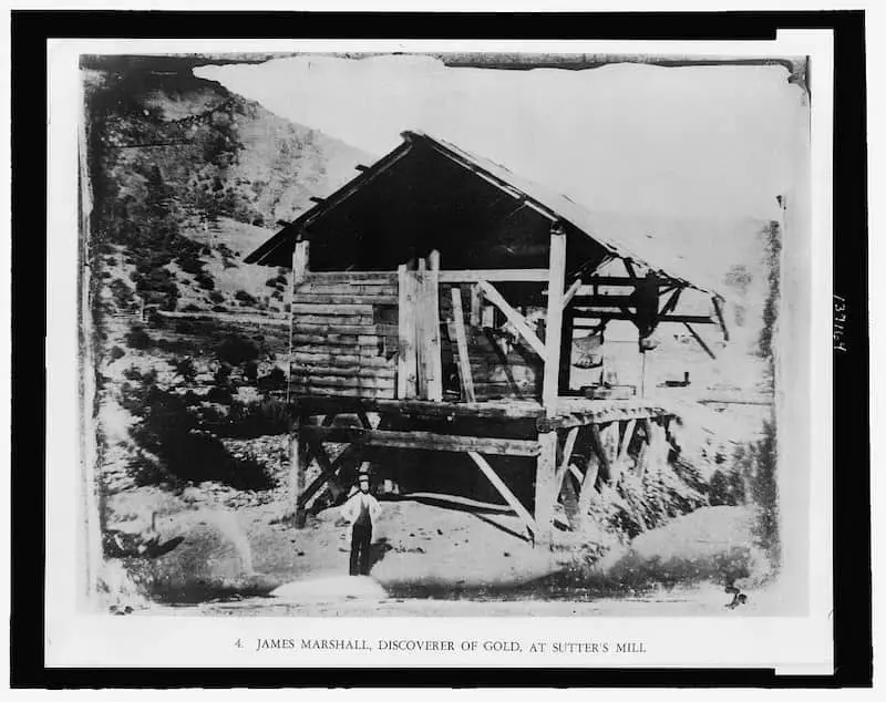 Old photo of James Marshall at the sawmill he built for John Sutton when he discovered Californian gold circa 1850