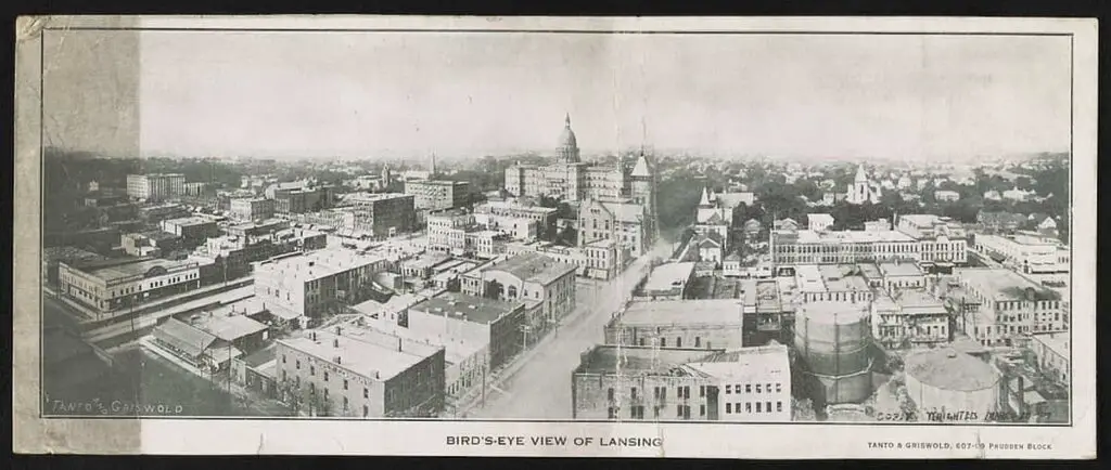 Old photo of a bird's eye view of Lansing, Michigan, circa 1909