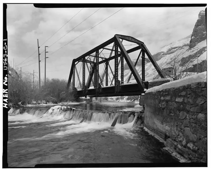 Old photo of the Heber Creeper Railroad Line, Olmstead Bridge, Spanning Provo River, Provo, Utah County, UT, circa 1968