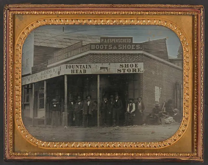 Old photo of the P. J. Espenscheid store, Nevada City, California, taken in the 1850s