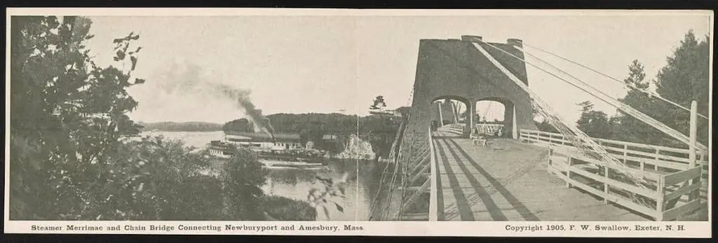 Old photo of the Steamer Merrimac and Chain Bridge connecting Newburyport and Amesbury, Mass, circa 1905
