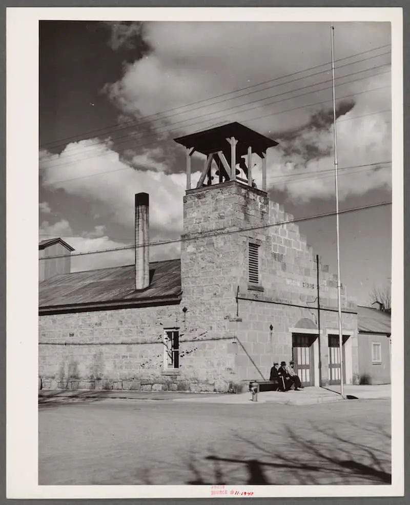 Old photo of the firehouse at Carson City, Nevada, taken in 1940