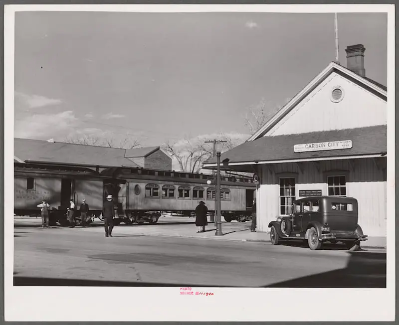 Old photo of the railroad station at Carson City Nevada, taken in 1940
