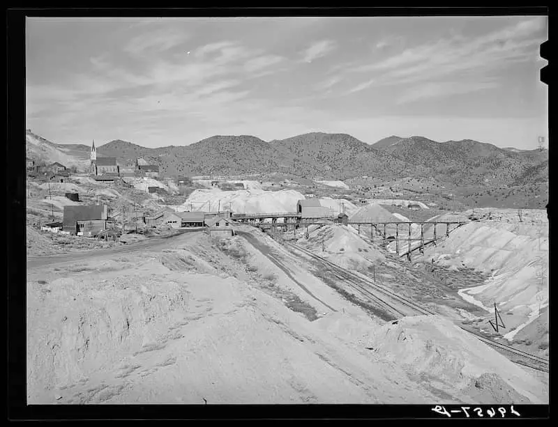 Old photos of houses and abandoned mines at Virginia City Nevada, taken in March 1940