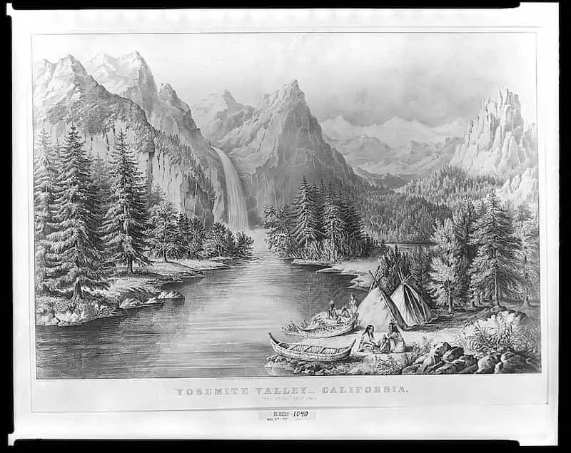 Old picture of Native Americans at Yosemite Valley, California, published in 1866
