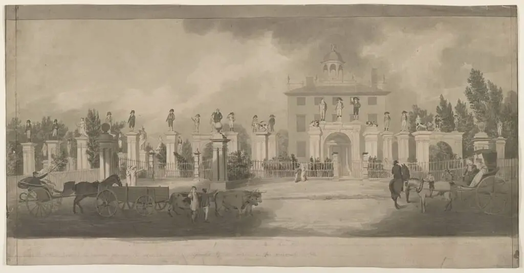 Old picture of the Home of Lord Timothy Dexter, Newburyport, Massachusetts with wooden statues on pillars and passersby enjoying the view, published between 1809 and 1815