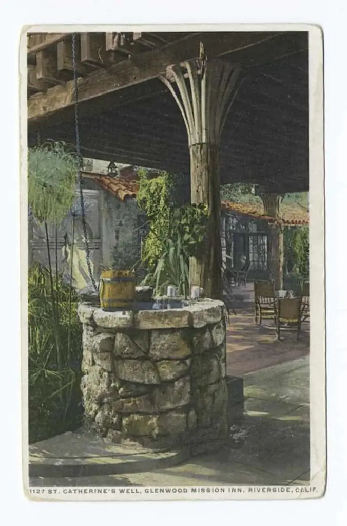 Old postcard of St. Catherine's Well, Glenwood Mission Inn, Riverside, California, USA