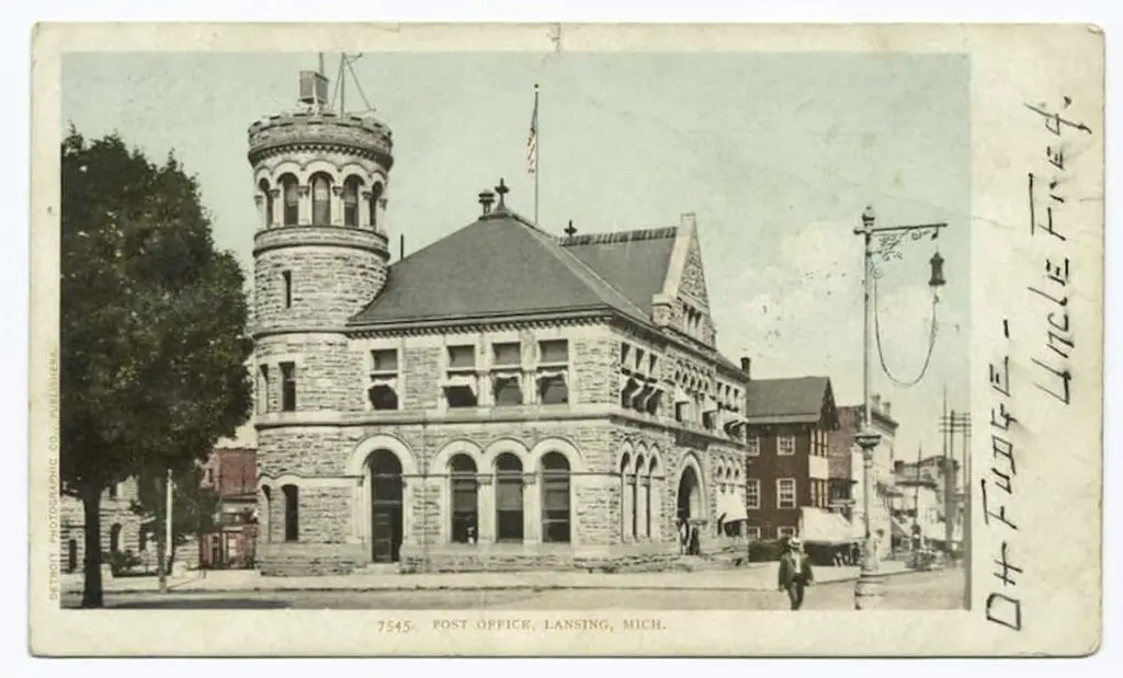 Old postcard of the Post Office in Lansing, Michigan, circa 1903