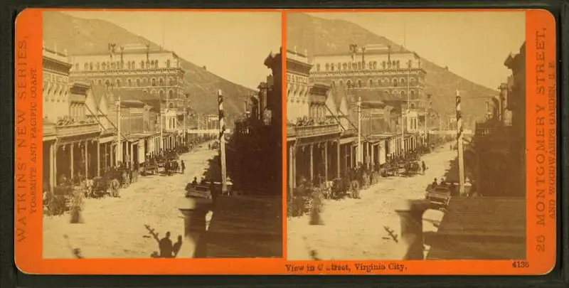 Old stereograph image of C street, Virginia City, Nevada
